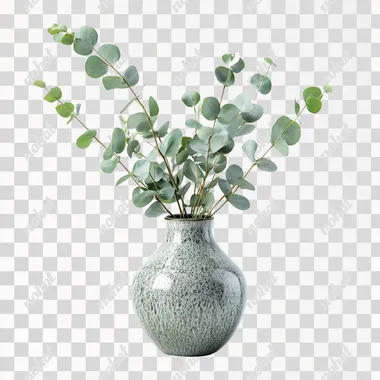 A small vase with fresh eucalyptus branches isolated on white background