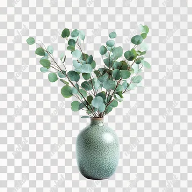 A small vase with fresh eucalyptus branches isolated on white background