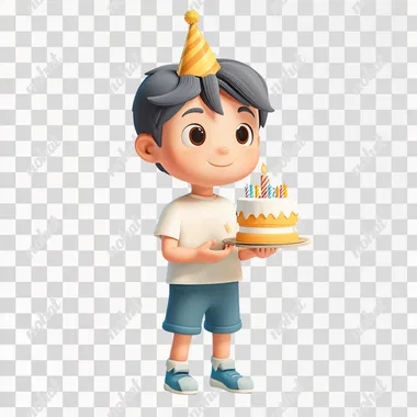 3D Asian boy with ESFJ personality, wearing a party hat, holding a birthday cake,isometric view, white background, colorful cartoon style, game art design character, cute and adorable character, simple design, blue shoes, blue shorts with white details, white T - shirt, short hair, colorful, simple illustration, simple coloring, simple shape, white background, isometric.