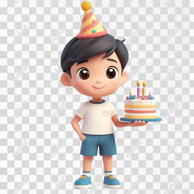3D Asian boy with ESFJ personality, wearing a party hat, holding a birthday cake,isometric view, white background, colorful cartoon style, game art design character, cute and adorable character, simple design, blue shoes, blue shorts with white details, white T - shirt, short hair, colorful, simple illustration, simple coloring, simple shape, white background, isometric.