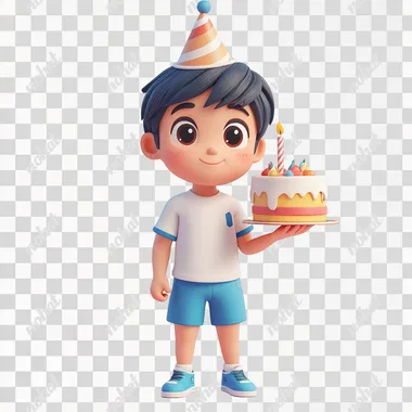 3D Asian boy with ESFJ personality, wearing a party hat, holding a birthday cake,isometric view, white background, colorful cartoon style, game art design character, cute and adorable character, simple design, blue shoes, blue shorts with white details, white T - shirt, short hair, colorful, simple illustration, simple coloring, simple shape, white background, isometric.