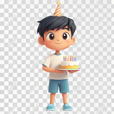 3D Asian boy with ESFJ personality, wearing a party hat, holding a birthday cake,isometric view, white background, colorful cartoon style, game art design character, cute and adorable character, simple design, blue shoes, blue shorts with white details, white T - shirt, short hair, colorful, simple illustration, simple coloring, simple shape, white background, isometric.