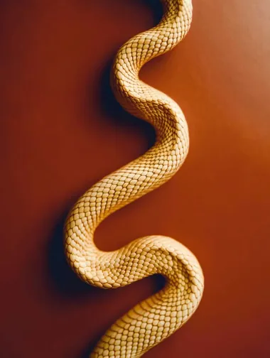 A golden snake on an isolated red background. The snake's body is winding into a very perfect shape, and the light bounces off the snake, creating different shades of reflections. This scene creates a contrast between the snake and the light, emphasizing the minimalism.