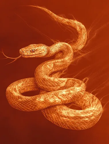 A golden snake on an isolated red background. The snake's body is winding into a very perfect shape, and the light bounces off the snake, creating different shades of reflections. This scene creates a contrast between the snake and the light, emphasizing the minimalism.
