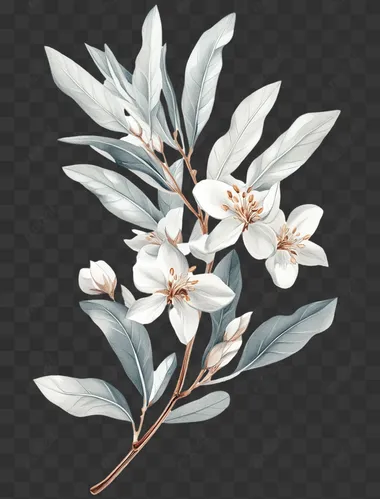 A botanical illustration of an olive branch with leaves and flowers, on a white background, in the style of John Constable and James Audubon for the book The Formal Garden.