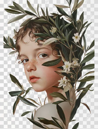 A botanical illustration of an olive branch with leaves and flowers, on a white background, in the style of John Constable and James Audubon for the book The Formal Garden.