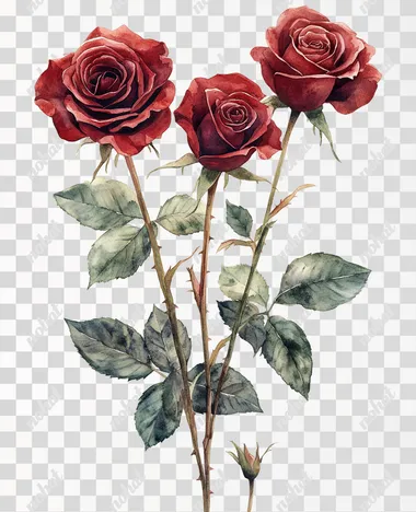 Cottagecore hand painted watercolor vintage illustration, featuring three dark red roses with stems and leaves. Plain white background
