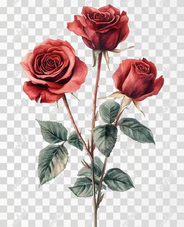Cottagecore hand painted watercolor vintage illustration, featuring three dark red roses with stems and leaves. Plain white background