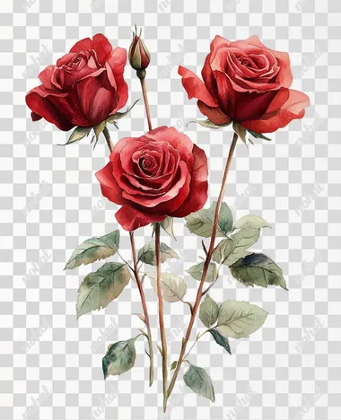 Cottagecore hand painted watercolor vintage illustration, featuring three dark red roses with stems and leaves. Plain white background