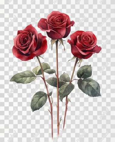 Cottagecore hand painted watercolor vintage illustration, featuring three dark red roses with stems and leaves. Plain white background