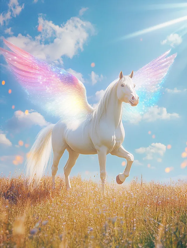 White Pegasus with Wings in Grassland Under Blue Sky, 1989 Photo