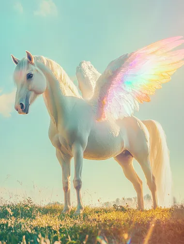 A real photo from 1989, a white flying horse standing on a grassland with a blue sky background. It has an angelic appearance, shining with bright colors. Full body photo of Pegasus. There is rainbow light on the wings