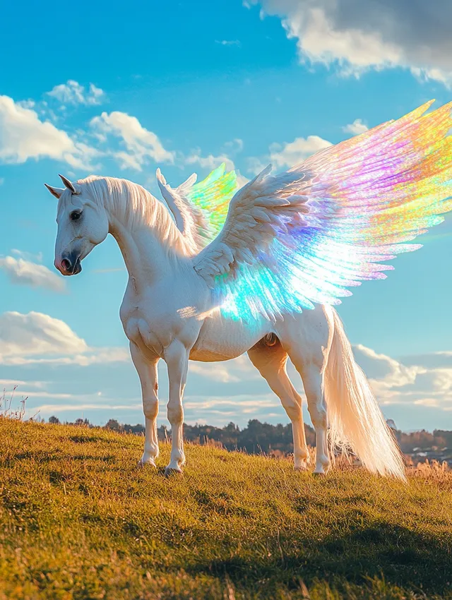 White Pegasus with Wings in Grassland Under Blue Sky, 1989 Photo