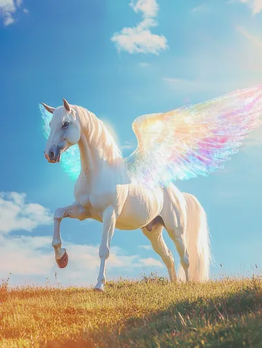 A real photo from 1989, a white flying horse standing on a grassland with a blue sky background. It has an angelic appearance, shining with bright colors. Full body photo of Pegasus. There is rainbow light on the wings