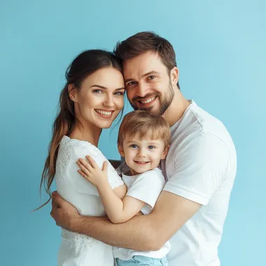 happy family (mom, dad, child) on a blue background they hug