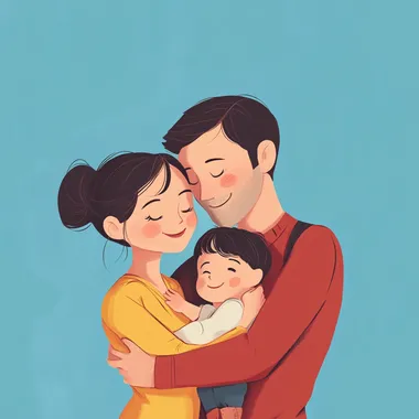happy family (mom, dad, child) on a blue background they hug