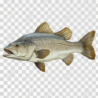 full body of a Barramundi fish, realistic, with white background
