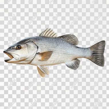 full body of a Barramundi fish, realistic, with white background