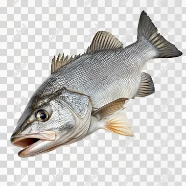 full body of a Barramundi fish, realistic, with white background