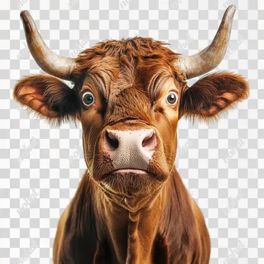 funny photograph closeup of a grotesque brown bull with the look of utter surprise on it's face on a white background