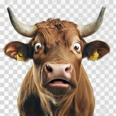 funny photograph closeup of a grotesque brown bull with the look of utter surprise on it's face on a white background