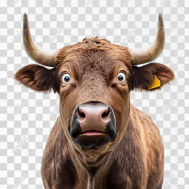 funny photograph closeup of a grotesque brown bull with the look of utter surprise on it's face on a white background