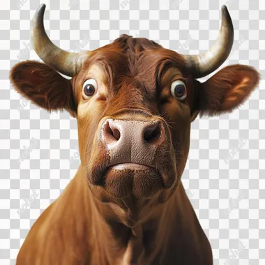 funny photograph closeup of a grotesque brown bull with the look of utter surprise on it's face on a white background