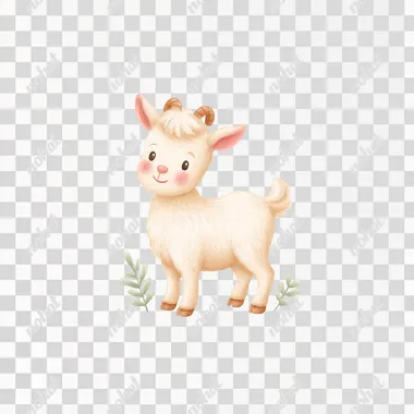 storybook watercolor illustration, in style of nursery cartoon, White goat, smiling, natural pose, soft cream pastel color palette, simple facial features, tiny black dot eyes, no white in eyes, blush on cheeks, full body, white background, minimalistic style, whimsical style, high resolution    --raw  vutce1t