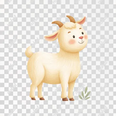 storybook watercolor illustration, in style of nursery cartoon, White goat, smiling, natural pose, soft cream pastel color palette, simple facial features, tiny black dot eyes, no white in eyes, blush on cheeks, full body, white background, minimalistic style, whimsical style, high resolution    --raw  vutce1t