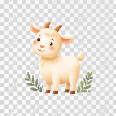 storybook watercolor illustration, in style of nursery cartoon, White goat, smiling, natural pose, soft cream pastel color palette, simple facial features, tiny black dot eyes, no white in eyes, blush on cheeks, full body, white background, minimalistic style, whimsical style, high resolution    --raw  vutce1t