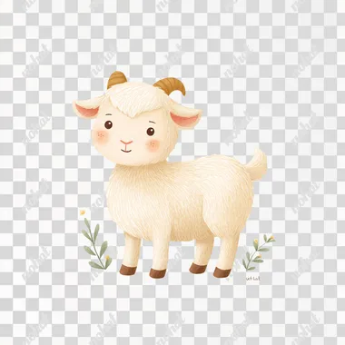 storybook watercolor illustration, in style of nursery cartoon, White goat, smiling, natural pose, soft cream pastel color palette, simple facial features, tiny black dot eyes, no white in eyes, blush on cheeks, full body, white background, minimalistic style, whimsical style, high resolution    --raw  vutce1t