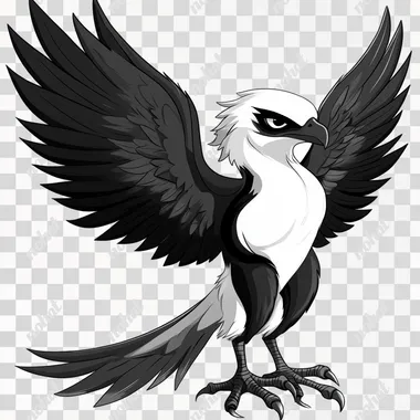 white black cartoon kind falcon with big wings and big tail