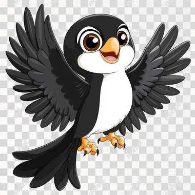 white black cartoon kind falcon with big wings and big tail