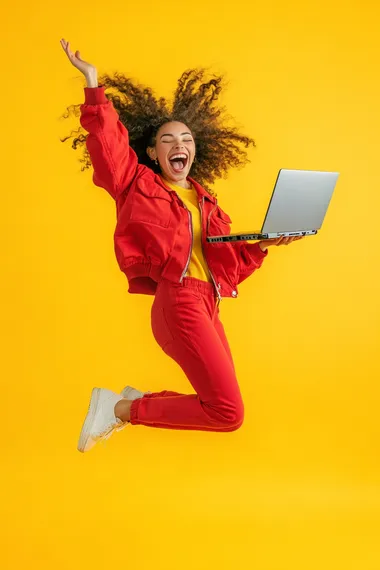 A person leap and holding a laptop, smiling, full-body shot, yellow background, studio photography, advertising style, high-resolution photography.