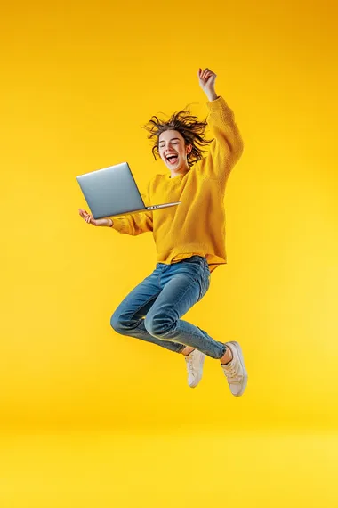 A person leap and holding a laptop, smiling, full-body shot, yellow background, studio photography, advertising style, high-resolution photography.