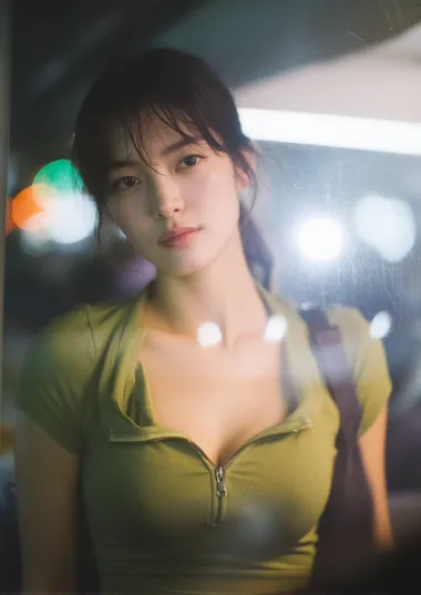photo of a young Korean woman in an olive green zip-up fitted cropped top and shorts, slouched near the window of an intercity night bus, seen through the foggy glass from outside or between two high seatbacks, faint LED reading light above casting cold glow on her jawline and collarbone, reflections of distant taillights across the window, hair in soft motion as the bus bumps slightly, a pillow resting near her side, completely unaware, voyeurism style, Fujifilm X-T5 with 56mm f/1.2 lens  --raw --exp 15   8drdw5o