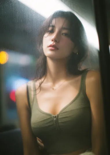 photo of a young Korean woman in an olive green zip-up fitted cropped top and shorts, slouched near the window of an intercity night bus, seen through the foggy glass from outside or between two high seatbacks, faint LED reading light above casting cold glow on her jawline and collarbone, reflections of distant taillights across the window, hair in soft motion as the bus bumps slightly, a pillow resting near her side, completely unaware, voyeurism style, Fujifilm X-T5 with 56mm f/1.2 lens  --raw --exp 15   8drdw5o