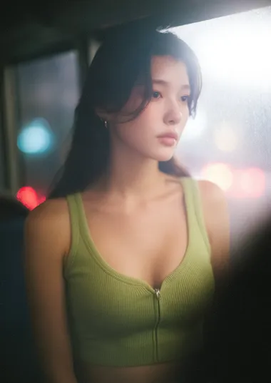 photo of a young Korean woman in an olive green zip-up fitted cropped top and shorts, slouched near the window of an intercity night bus, seen through the foggy glass from outside or between two high seatbacks, faint LED reading light above casting cold glow on her jawline and collarbone, reflections of distant taillights across the window, hair in soft motion as the bus bumps slightly, a pillow resting near her side, completely unaware, voyeurism style, Fujifilm X-T5 with 56mm f/1.2 lens  --raw --exp 15   8drdw5o