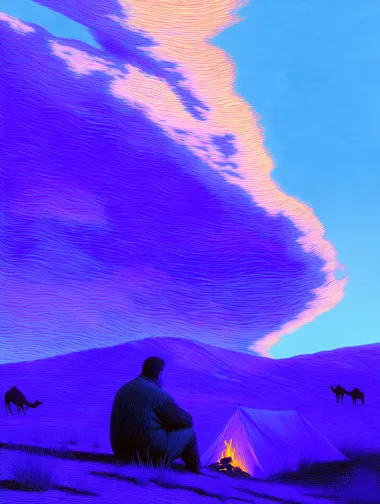 [ A man sitting by a fire near a desert tent at sunset, camel silhouettes in the background, glowing sky in orange and violet, soft stylized dunes, peaceful desert moment ]   1967531273 882914997 2334799528 rofile ueeo8az --sw 500   --sv 4