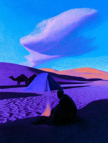[ A man sitting by a fire near a desert tent at sunset, camel silhouettes in the background, glowing sky in orange and violet, soft stylized dunes, peaceful desert moment ]   1967531273 882914997 2334799528 rofile ueeo8az --sw 500   --sv 4