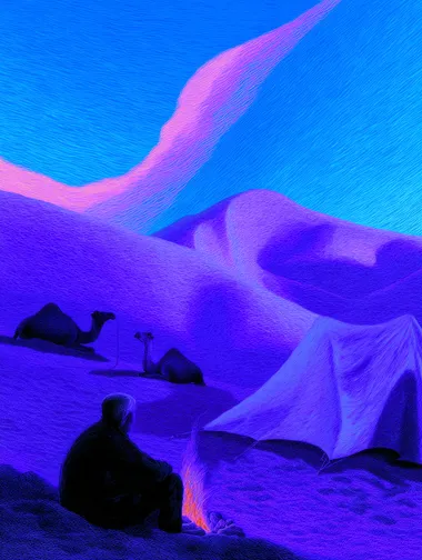 [ A man sitting by a fire near a desert tent at sunset, camel silhouettes in the background, glowing sky in orange and violet, soft stylized dunes, peaceful desert moment ]   1967531273 882914997 2334799528 rofile ueeo8az --sw 500   --sv 4