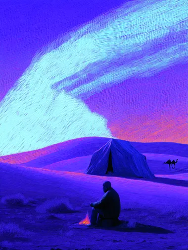 [ A man sitting by a fire near a desert tent at sunset, camel silhouettes in the background, glowing sky in orange and violet, soft stylized dunes, peaceful desert moment ]   1967531273 882914997 2334799528 rofile ueeo8az --sw 500   --sv 4