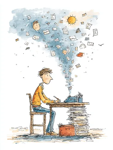 A cartoon sketch of a man writing. At the bottom of the illustration, several letters emerge from his writing like a column of smoke. At the top, a sun, a moon, a wind, and a river. In the sun, the face of a boy, and in the moon, a girl. In the wind, the faces of a woman and a man, and in the wind and the river, many letters move like currents of words, currents of air, and currents of water. All: Writer, Faces. (Sun, Moon, Wind, and River) drawn. In the style of a children's book illustration. The drawing is simple, with full color on a white background, created using watercolor and ink.   --raw rofile c3m1kps