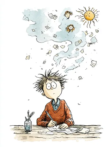 A cartoon sketch of a man writing. At the bottom of the illustration, several letters emerge from his writing like a column of smoke. At the top, a sun, a moon, a wind, and a river. In the sun, the face of a boy, and in the moon, a girl. In the wind, the faces of a woman and a man, and in the wind and the river, many letters move like currents of words, currents of air, and currents of water. All: Writer, Faces. (Sun, Moon, Wind, and River) drawn. In the style of a children's book illustration. The drawing is simple, with full color on a white background, created using watercolor and ink.   --raw rofile c3m1kps