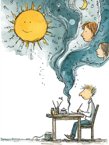 A cartoon sketch of a man writing. At the bottom of the illustration, several letters emerge from his writing like a column of smoke. At the top, a sun, a moon, a wind, and a river. In the sun, the face of a boy, and in the moon, a girl. In the wind, the faces of a woman and a man, and in the wind and the river, many letters move like currents of words, currents of air, and currents of water. All: Writer, Faces. (Sun, Moon, Wind, and River) drawn. In the style of a children's book illustration. The drawing is simple, with full color on a white background, created using watercolor and ink.   --raw rofile c3m1kps