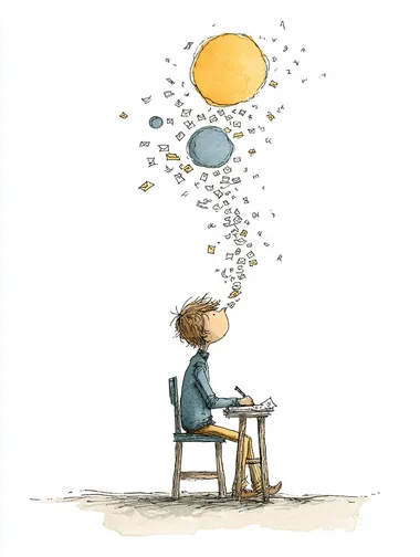 A cartoon sketch of a man writing. At the bottom of the illustration, several letters emerge from his writing like a column of smoke. At the top, a sun, a moon, a wind, and a river. In the sun, the face of a boy, and in the moon, a girl. In the wind, the faces of a woman and a man, and in the wind and the river, many letters move like currents of words, currents of air, and currents of water. All: Writer, Faces. (Sun, Moon, Wind, and River) drawn. In the style of a children's book illustration. The drawing is simple, with full color on a white background, created using watercolor and ink.   --raw rofile c3m1kps