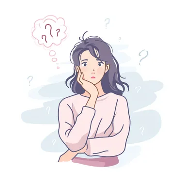 Simple illustration of a worried young woman standing, upper body only, large face proportion, resting her chin on her hand, square 1:1 format, thought bubble with question marks floating near her head, minimalist line art style, no background/transparent background, pastel colors, flat design, slight furrowed brow, simple facial features, confused expression, modern vector illustration, uncluttered composition, soft shading, thinking pose   --raw rofile 8hut2mu