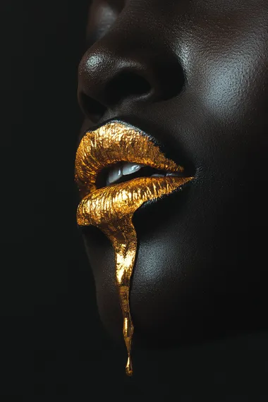A pair of lips with gold lipstick, dripping liquid gold onto the skin. The background is black and dark gray, creating a high-contrast effect. A close-up shot captures only half the face of an African woman's mouth. Surrealist style.