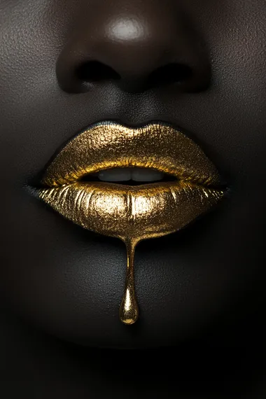 A pair of lips with gold lipstick, dripping liquid gold onto the skin. The background is black and dark gray, creating a high-contrast effect. A close-up shot captures only half the face of an African woman's mouth. Surrealist style.