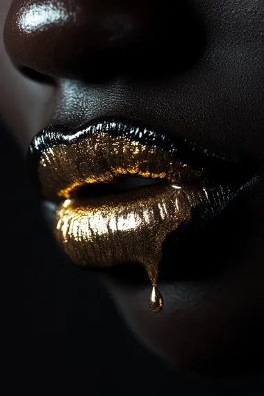 A pair of lips with gold lipstick, dripping liquid gold onto the skin. The background is black and dark gray, creating a high-contrast effect. A close-up shot captures only half the face of an African woman's mouth. Surrealist style.